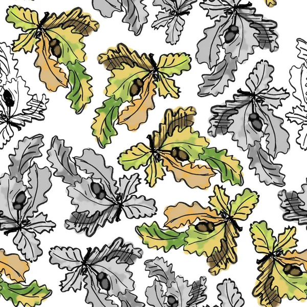 橡木枝条的无缝图案 有秋天的叶子和橡果 图形图案 植物草图 一组彩色和黑白插图 高质量的例证 — 图库照片
