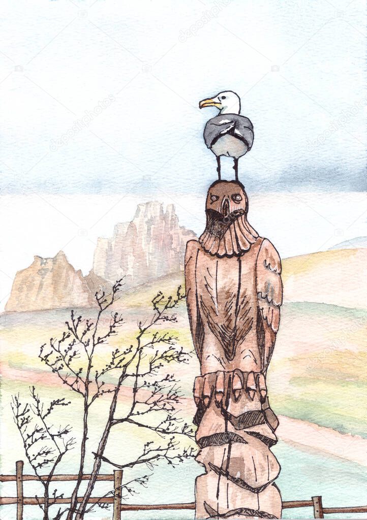 seagull sits on the head of a wooden eagle against the backdrop of lake Baikal and the Shamanka cliffs on Olkhon island, graphic and watercolor drawing, travel sketch, copy spase. High quality illustration