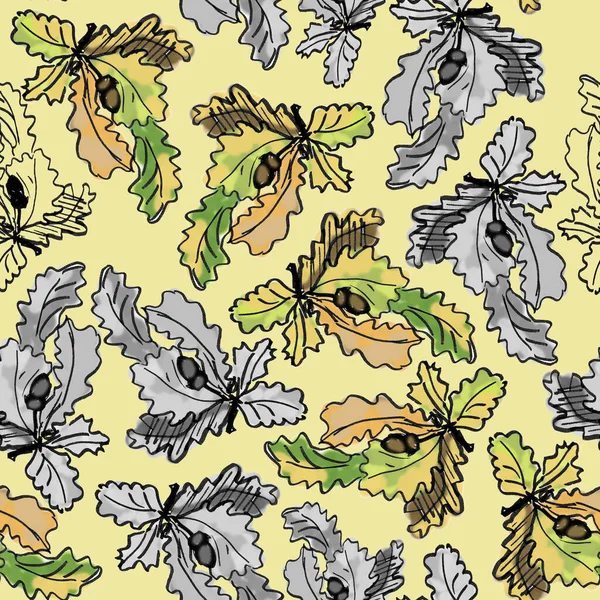 Бесшовный Узор Дубовой Ветви Осенними Листьями Желудями Графический Узор Ботанический — стоковое фото