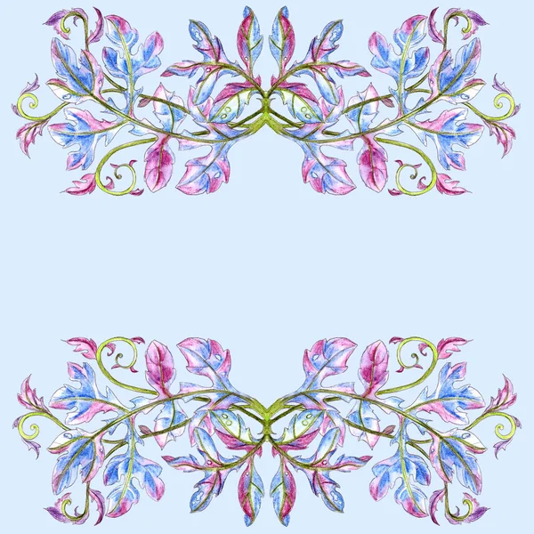 Davetiyeler, kartpostallar, afişler için aralarında kopya alanı olan mavi arkaplanda garip eğimli akanthus yapraklarının iki yatay grafik öğesi. Renkli kalemlerle çizim. Yüksek kaliteli illüstrasyon