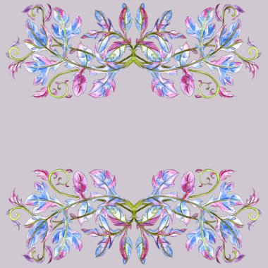 Davetiyeler, kartpostallar ve pankartlar için aralarındaki kopya boşluğu olan leylak arkaplan üzerinde iki yatay eğimli akanthus yaprağı. Renkli kalemlerle çizim. Yüksek kaliteli illüstrasyon