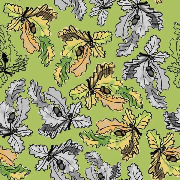 橡木枝条的无缝图案 有秋天的叶子和橡果的绿色背景 图形图案 植物草图 一组有色和黑白插图 高质量的例证 — 图库照片