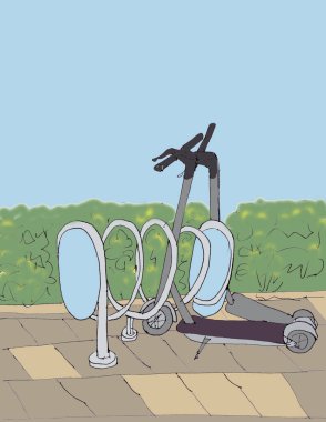 Scooterlar için park yeri, şehir ulaşımı, grafik renk çizgileri, fotokopi alanı. Yüksek kaliteli illüstrasyon