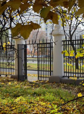 Sonbahar parkının bulanık arka planına karşı işlenmiş demir çitli kapı, seçici bir odak. Yüksek kalite fotoğraf