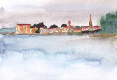 Hırvatistan 'ın Akdeniz kıyısındaki Porec kenti, suluboya çizimler, seyahat çizimleri. Yüksek kaliteli illüstrasyon