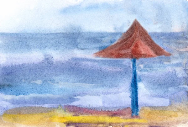 Parasoll Vid Havet Akvarell Teckning Resa Skiss Högkvalitativ Illustration — Stockfoto