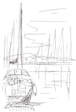 Yat limanlarında yatlar, beyaz arka planda siyah beyaz çizimler, seyahat çizimleri. Yüksek kaliteli illüstrasyon