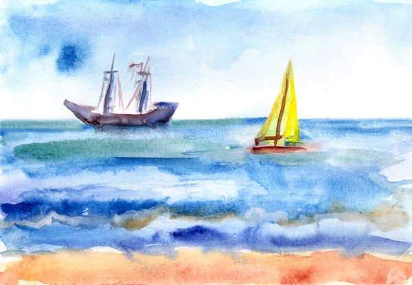 Seascape med yacht och segelfartyg, akvarell ritning, resa skiss — Stockfoto