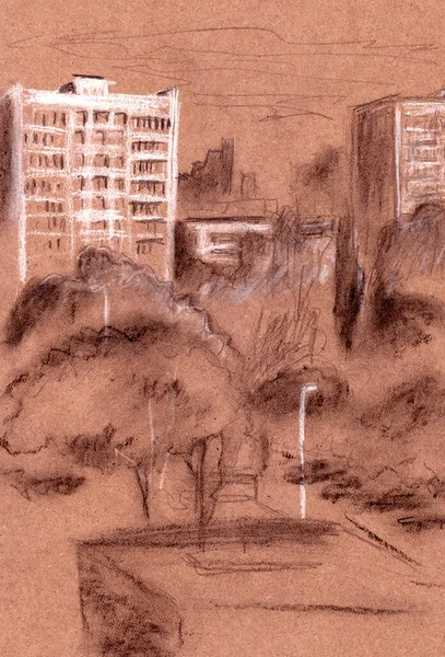 Αστικό καλοκαιρινό τοπίο, γραφικό ασπρόμαυρο σχέδιο, αστικό σκίτσο — Φωτογραφία Αρχείου