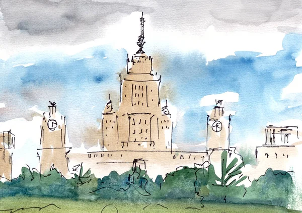 Université Moscou Paysage Graphique Abstrait Aquarelle Croquis Voyage Illustration Haute — Photo