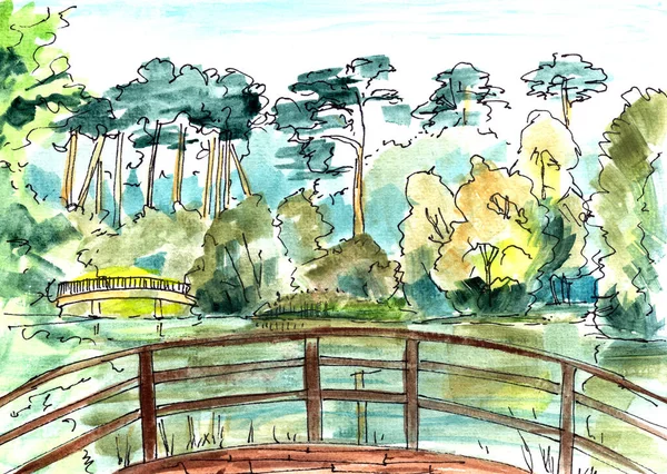 Podzimní Park Rybníkem Mosty Akvarel Grafický Nákres Vysoce Kvalitní Ilustrace — Stock fotografie