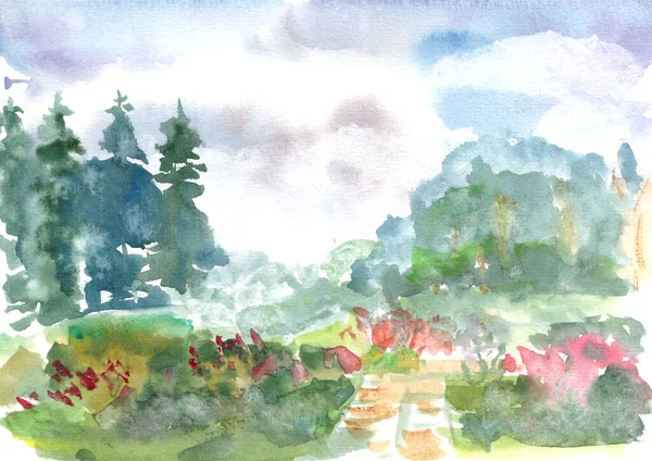 abstract watercolor landscape with forest and meadow. High quality illustration