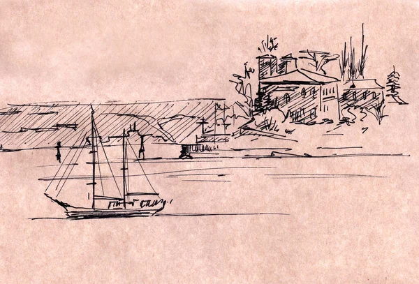 Ιστιοπλοϊκό Σκάφος Φόντο Την Πόλη Γραφικό Σχέδιο Ταξιδιωτικό Σκίτσο Εικόνα — Φωτογραφία Αρχείου
