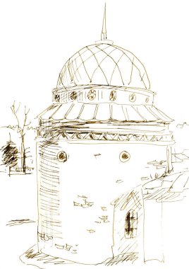 Eski güçlendirilmiş kule, grafik siyah beyaz çizim, seyahat çizimi. Yüksek kaliteli illüstrasyon