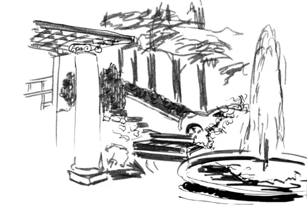Antique Columns Fountain Park Graphic Black White Drawing Travel Sketch — Stock Photo, Image