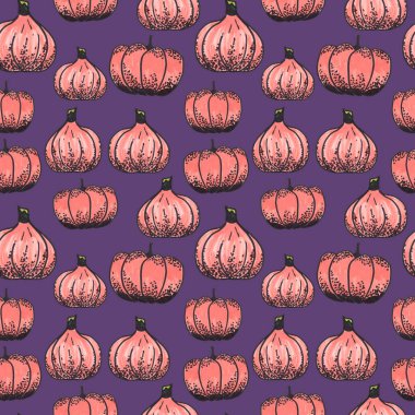 Mor arkaplanda turuncu sonbahar balkabakları desenli, grafik renk desenli. Yüksek kaliteli illüstrasyon