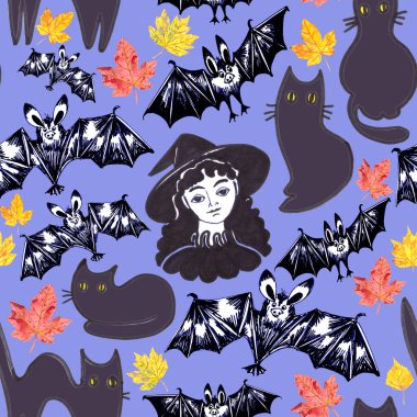 Yarasalar ve kara kedilerle cadılar bayramı cadısı için kusursuz desen, mor arka planda grafik çizimi