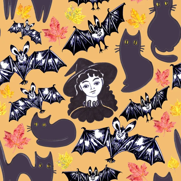 Bezszwowy Wzór Czarownicę Halloween Nietoperzami Czarnymi Kotami Rysunek Graficzny Pomarańczowym — Zdjęcie stockowe