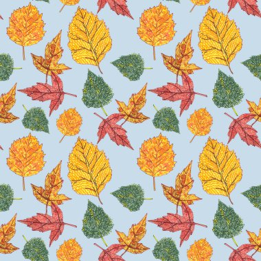 Süslü sonbahar yapraklarının kusursuz deseni mavi arka planda, grafik renk deseni. Yüksek kaliteli illüstrasyon