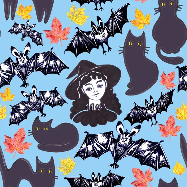 Yarasalar Siyah Kedilerle Cadılar Bayramı Cadısı Için Kusursuz Desen Mavi — Stok fotoğraf