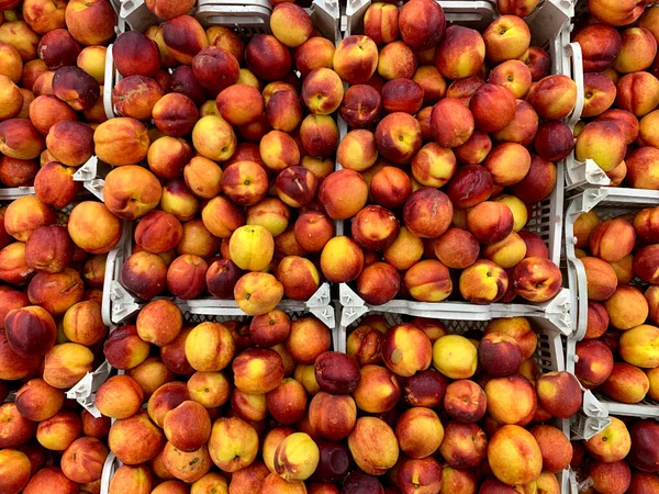 Natural Background Nectarines Boxes Selective Focus High Quality Photo — Stock Photo, Image