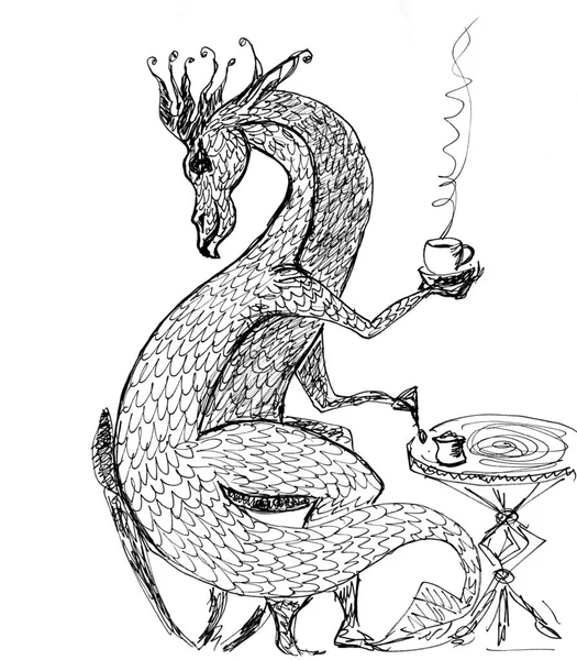 Smok Przy Stole Pijący Herbatę Lub Kawę Graficzny Czarno Biały — Zdjęcie stockowe