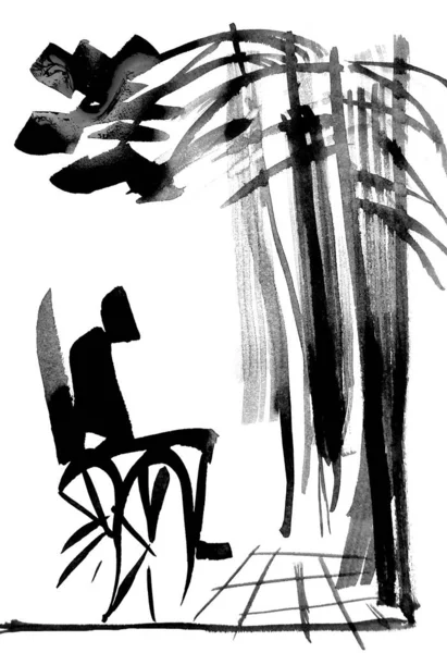 Человек Инвалидной Коляске Рядом Лесом Графический Черно Белый Рисунок Высокое — стоковое фото