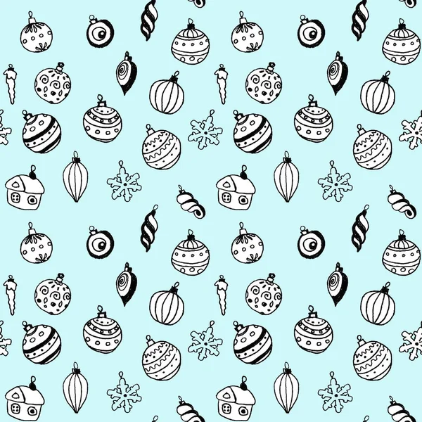 Motif sans couture de dessins linéaires en noir et blanc de jouets de Noël sur un fond turquoise — Photo