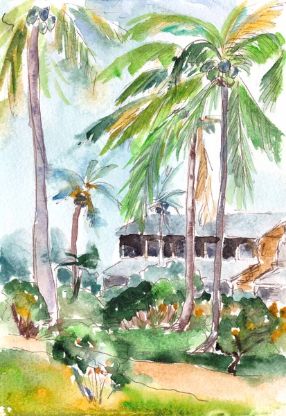 Palmer och bungalows på en tropisk ö, akvarell resa skiss — Stockfoto