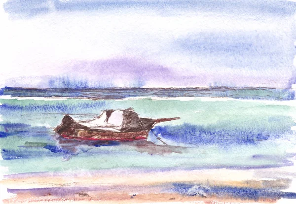 Tropik bir adanın kıyı sularında küçük bir tekne, suluboya seyahat çizimi.