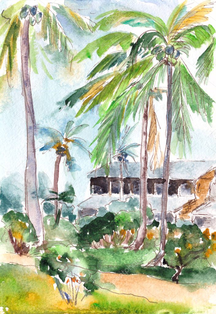 Palm trees and bungalows on a tropical island, watercolor travel sketch