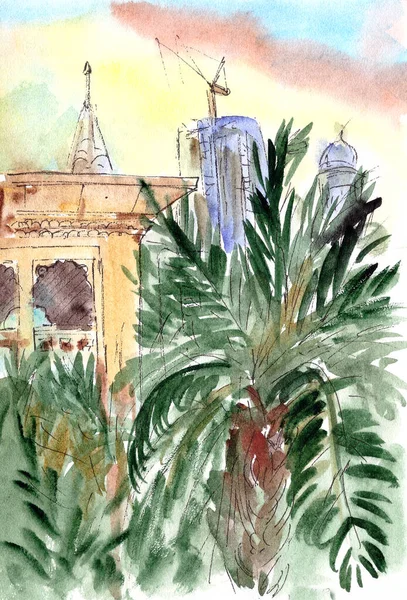 Dubajské palmy a paláce, akvarel kresba, cestovní skica — Stock fotografie