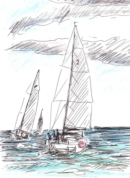 帆船在海上帆船比赛的时间 图形水彩画 高质量的例证 — 图库照片