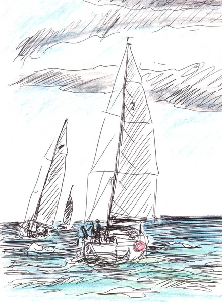 Yates Vela Tiempo Regata Mar Dibujo Gráfico Acuarela Ilustración Alta —  Fotos de Stock