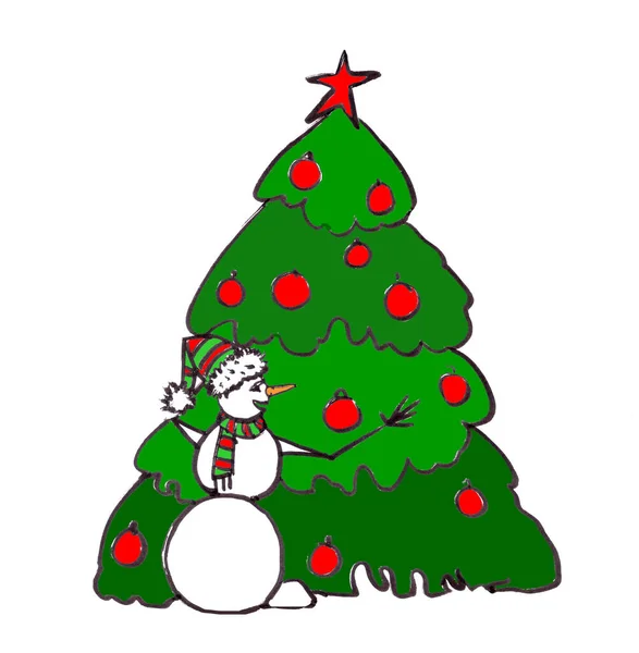 Schneemann Und Grüner Weihnachtsbaum Grafische Farbzeichnung Auf Weißem Hintergrund Hochwertige — Stockfoto