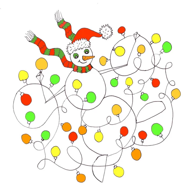 Bonhomme Neige Dansant Avec Guirlande Sapin Noël Dessin Graphique Linéaire — Photo