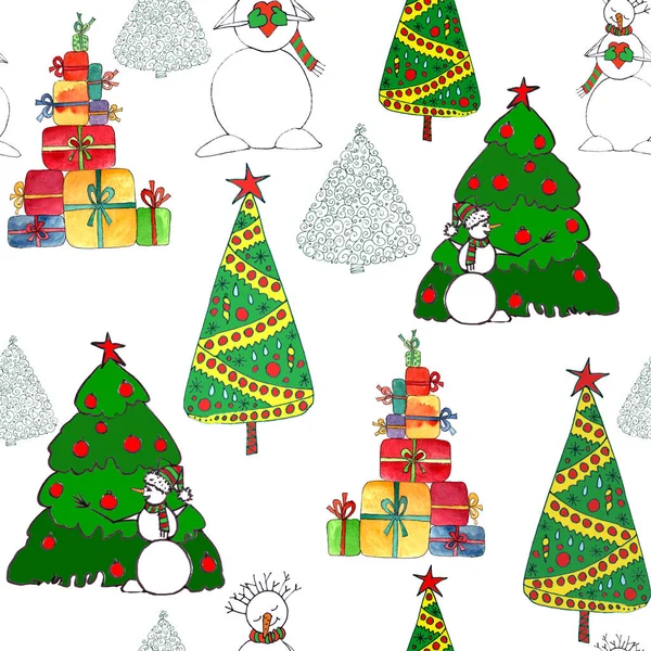 Vánoční Bezešvé Vzor Sněhuláky Stromy Dárky Grafické Barevné Náčrtky Bílém — Stock fotografie