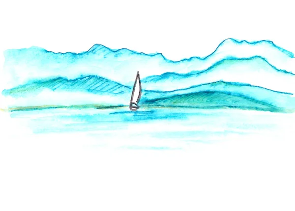 Ιστιοπλοϊκό Σκάφος Ορεινή Παραλία Φόντο Γραφικό Ασπρόμαυρο Γραμμικό Σχέδιο Λευκό — Φωτογραφία Αρχείου