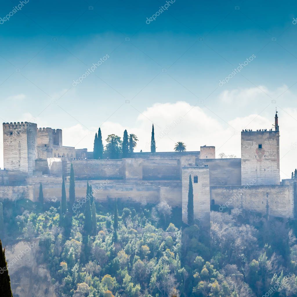 Cityscape of Granada, southern Spain, with the Alhambra Palace in the background