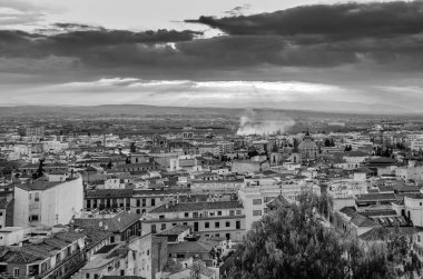Kentsel peyzaj, Granada şehir manzaralı, Andalusia, Güney İspanya, siyah beyaz resim