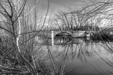 Ortaçağ taş köprü leş Nehri Palencia (Kastilya ve Leon), İspanya (siyah beyaz resim)