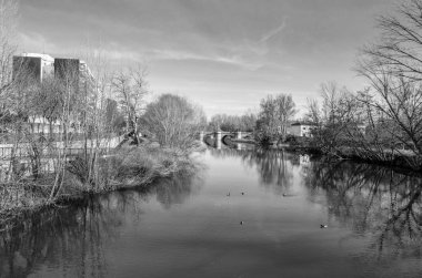 Ortaçağ taş köprü leş Nehri Palencia (Kastilya ve Leon), İspanya (siyah beyaz resim)