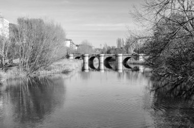 Ortaçağ taş köprü leş Nehri Palencia (Kastilya ve Leon), İspanya (siyah beyaz resim)