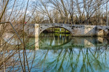Ortaçağ taş köprü leş Nehri Palencia (Kastilya ve Leon), İspanya