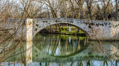 Ortaçağ taş köprü leş Nehri Palencia (Kastilya ve Leon), İspanya