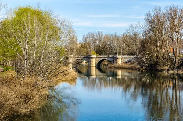 Puente Medieval Piedra Sobre Río Carrión Palencia Castilla León España —  Fotos de Stock