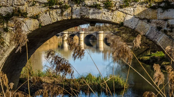 Średniowieczny Kamienny Most Rzece Padliny Palencii Kastylia Leon Hiszpania — Zdjęcie stockowe