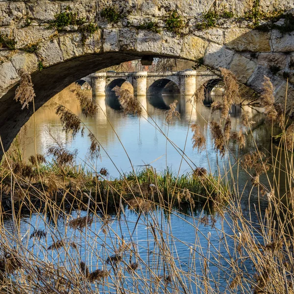 Ortaçağ Taş Köprü Leş Nehri Palencia Kastilya Leon Spanya — Stok fotoğraf