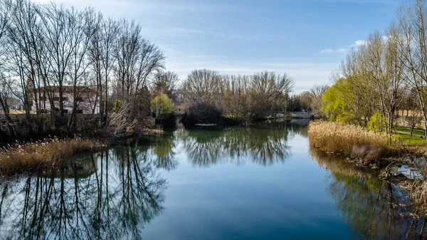 Leş Nehre Kastilya Leon Palencia Şehir Görünümünü Spanya — Stok fotoğraf