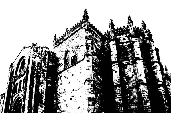 Black and white silhouette of an old church in Zamora, Spain